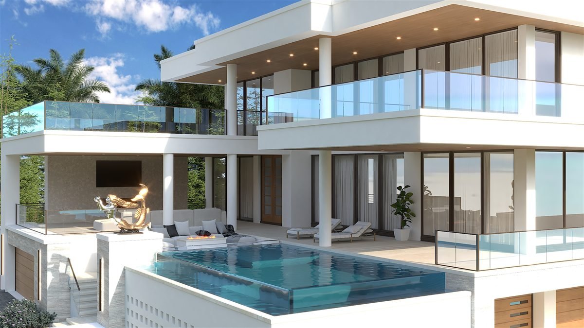 Pool terrace beside white architecture, broad glazing and warm timber soffits