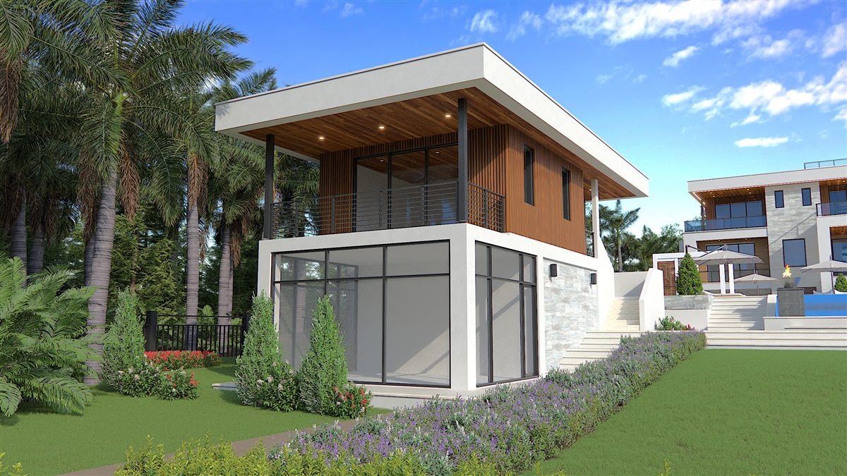 Compact boathouse with timber-clad upper floor and flat roof among palm trees