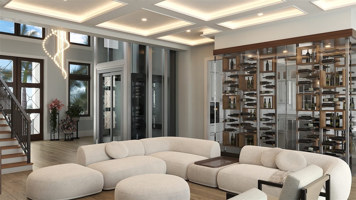 Curved cream sofas, a glazed wine wall and coffered ceiling in a living room
